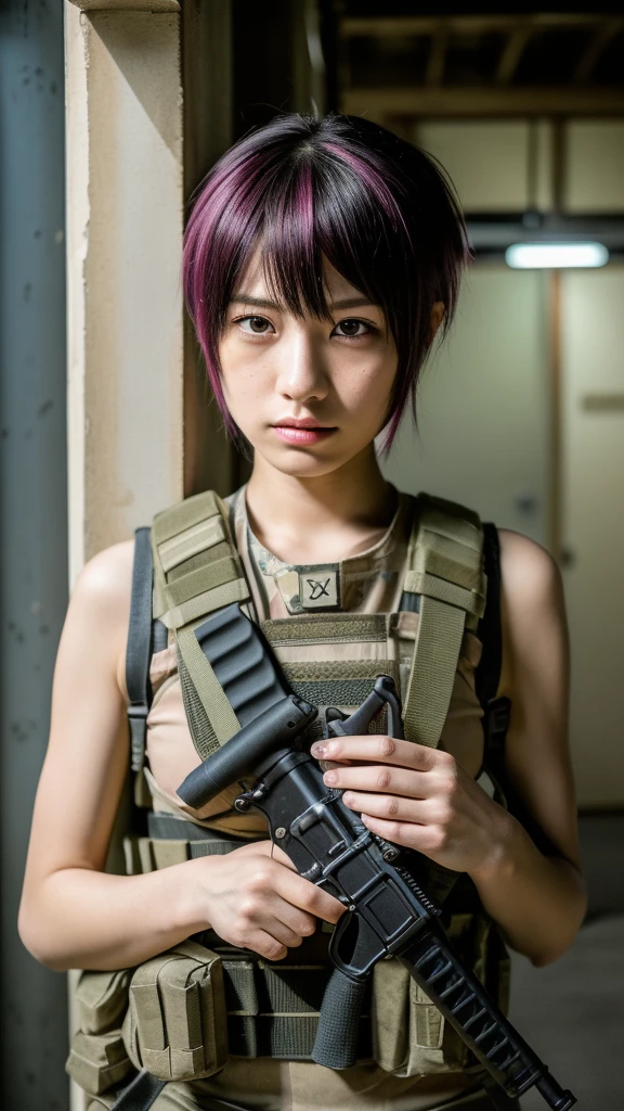 (masterpiece, ultra-detailed, ultra-realistic, best quality, clear focus, photorealistic), (ultra-high resolution, 8k:1.3), cinematic color-grading film, dramatic scenes, shadow, global-illumination, perfect anatomy, perfect face, (detailed face, detailed eye:1.3), (20 years old Japanese blonde hair punk rock girl:1.2), (experienced soldier:1.2), professional light, (boyish cool Japanese face:1.3), (Fully equipped for battle:1.3), (holding m4a1 large assault rifle:1.4), (long barrel rifle:1.3), (Strong willed expression:1.2), (afraid:1.3), (wearing a cute punk rock styled soldier's outfits made of leather with military helmet:1.2), slim waist, (at a battle field of Abandoned Building at night), flash light, (explosion:1.4), very large breasts, tactical vest, military harness, face focus,