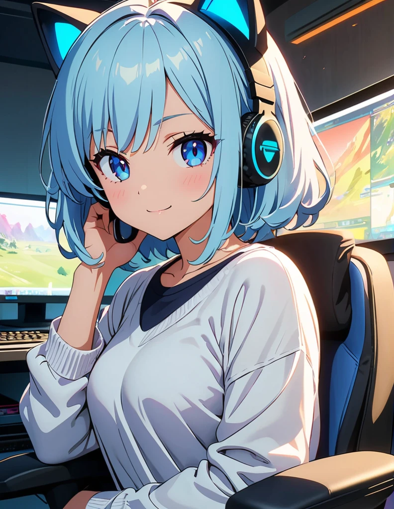 (anime artwork, anime style, studio anime, very detailed, up to date, vibrant, Anime Coloring, high contrast, masterpiece:1.2, best quality, best aesthetics),1 girl,light Blue hair,Mullet hairstyle,Best quality,light smile,{{gaming pc}}, {{gaming chair}}, holding_controller, foreshortening,(cat ear:1.5),ear phone, perfect anatomy,blue eyes, 