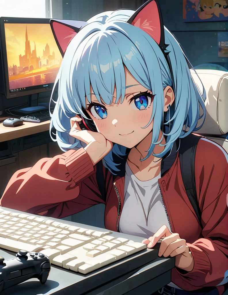 (anime artwork, anime style, studio anime, very detailed, up to date, vibrant, Anime Coloring, high contrast, masterpiece:1.2, best quality, best aesthetics),1 girl,light Blue hair,Mullet hairstyle,Best quality,light smile,{{gaming pc}}, {{gaming chair}}, holding_controller, foreshortening,(cat ear:1.5),ear phone, perfect anatomy,blue eyes,