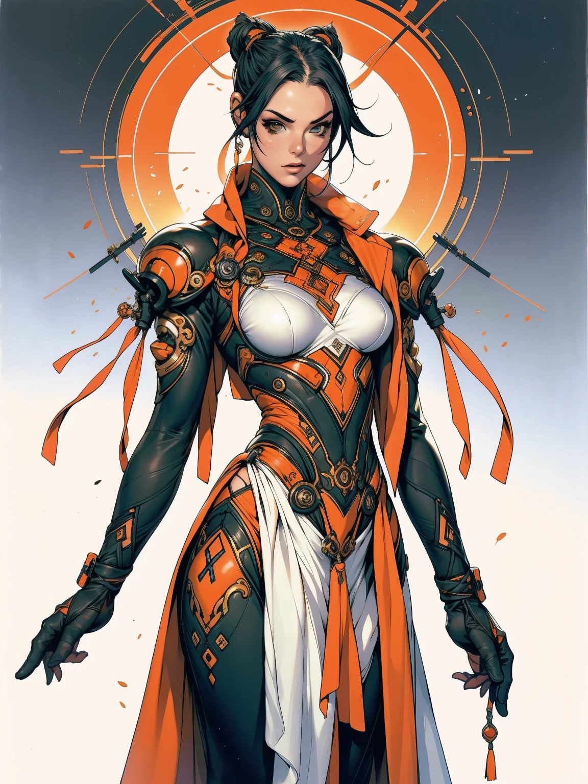 (((Annie Lennox))), ((( Egyptian suit ))), (((bandaged arms and legs))), ((high collar)), (((best qualityer: 1.4))), (Unbeatable masterpiece), (hiper HD),(CG 8k hyper-realistic), (((brave face))), (((breasts big))), (((hyper feminine))), sexly girl, Tron,(black bob hair)), ((( sculptural body ))), (((1 Kizi))), Kizi cibernética de 25 anos com perfectbody,,Beautiful and well-groomed face,muscular body:1.2,solid color detailed jacket, (Head to thigh photos), Complex equipment, green dark,Long pants,Tight clothes are dark,With white stars and off-white stripes,,,,,Armor Metal Electronic Parts, Poison tattoos ) INFO, Kizi, (((standing alone))), pirralha violent, ((())), sexly, pose de atitude, work of art, post-apocalypse, (((manga style))), bounty hunter, violent, Manic, the way you want, slenderbody, thin but strong, perfectbody, roupa moderna, advanced technology, neon, sleeves with vertical striped pattern, neutral background, (( cowboy shot )). intricate visual