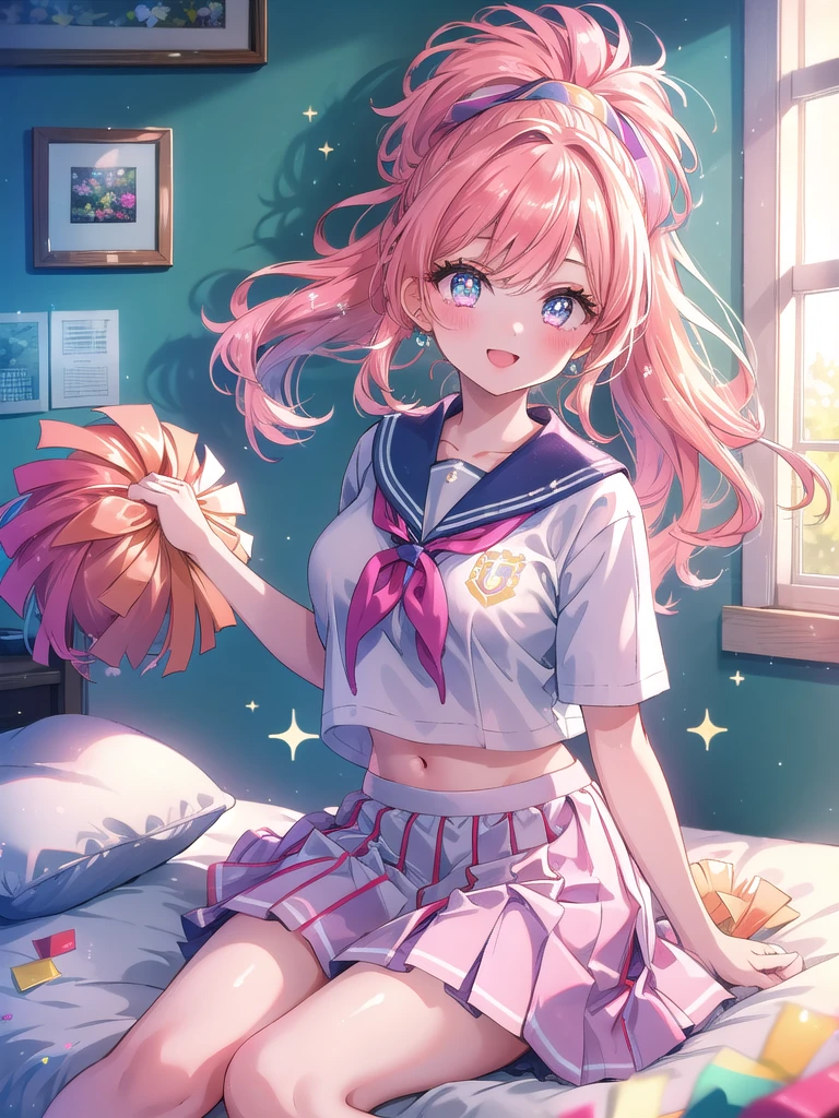 ((8k, Highest quality, masterpiece: 1.3)),Ultra-high resolution,(1 girl, alone), (Color changing eyes, Ultra-detailed, Expressive brilliance, Glitter, Glowing Eyes), Highly detailed eyes, Highly detailed face, Random Hair, ((pastel colour)),A joyful young woman with pastel peach-colored hair styled into a high ponytail, sitting cross-legged on her bed in her sunlit bedroom during a late morning. She is dressed in a sweet yet subtly sexy retro cheerleader cosplay, wearing a pleated skirt, a cropped top with a large letter on the chest, and matching pom-poms in her hands. The camera captures her from a slightly low angle as she cheers with a bright smile, her expression full of enthusiasm and spirit. The room is filled with natural light, with a small pennant flag on the wall, a few colorful cushions, and an energetic, school-spirited atmosphere, (nsfw:1.2)