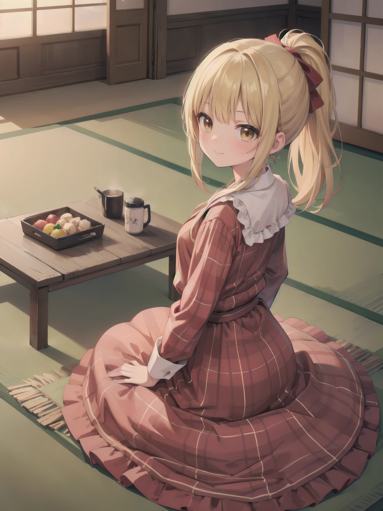 (Masterpiece: 1.3), (Best Quality: 1.2), close-up of one beautiful girl, super hyper-detailed illustration,
BREAK
(Body type: slender, small breasts, naturally charismatic)
BREAK
(Face: outstanding looks, mature beauty, golden brown eyes)
BREAK
(Hairstyle: ponytail, long hair with a smooth texture, layered lightly around the face, ends at chest level, blonde hair)
BREAK
(Fashion: plaid printed splicing dress with vintage long sleeves, modest and stylish)
BREAK
(Pose: bending forward, arms behind her back, bright and inviting smile, silky hair)
BREAK
(Background: cozy, natural interior with wooden features and green tones, 7 tatami mat room with a cosmetic table, bed, futon, cushion, chair, and accessories)