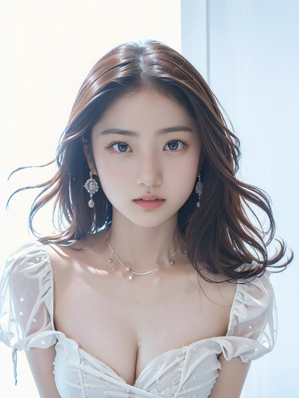 (((Bright white background 1.5)))、(((High Key Portrait 2.0)))Professional Lighting、(((Professional Lighting 1.5)))、Translucent skin texture、Beautiful Skin、Beautiful Skin、、(((Whitening 1.5)))、、、音符のEcstasy、(((Light Blue Dress 1.5)))、Profile 1.4、See through。Very good、Mid-shot photo、Simple Earrings、((Brown Hair))、((Medium Hair))、Loose wavy hair、Sex Appeal、Sex Appeal、Ecstasy、(((Mid-shot photo1.5))、(((Dynamic Pose 1.85)))