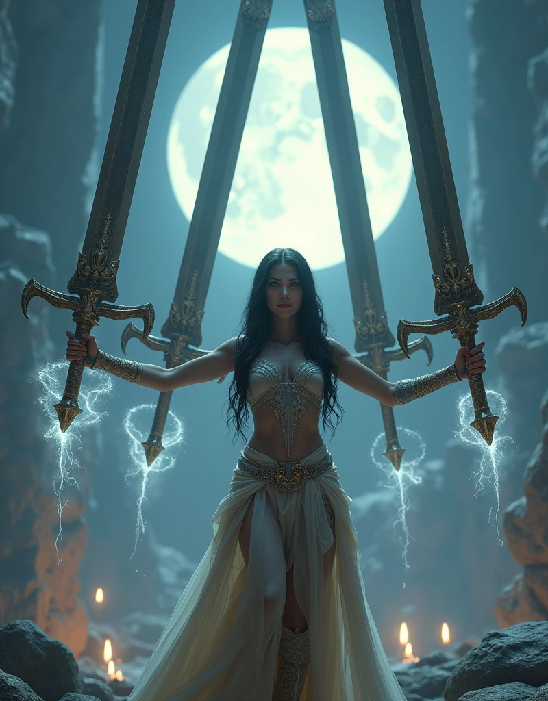 (A giant magical sword twice the size of a human.:1.5)、(The enormous sword is floating overhead, tilted by the power of magic.:1.5)、(A pose using magical powers to control a large sword:1.3)、(Perfect Anatomy:1.3)、gloves、Correct fingers、magic circle、View your viewers、(Beautiful Eyes)、Beautiful and well-proportioned face、Angle from below、One woman、18-year-old、Ancient magic city、(Beautiful Magic Warrior)、Black Hair、(Ultra-sheer outfit)、(Super hourglass body type:1.2)、magical realism、A confident smile、disaster々A bright moon is rising.、(RAW Photos)、(Realistic)、(Super detailed)、(High resolution:1.2)、(masterpiece)、(Highest quality)、(8k)、(Ultra-Details)