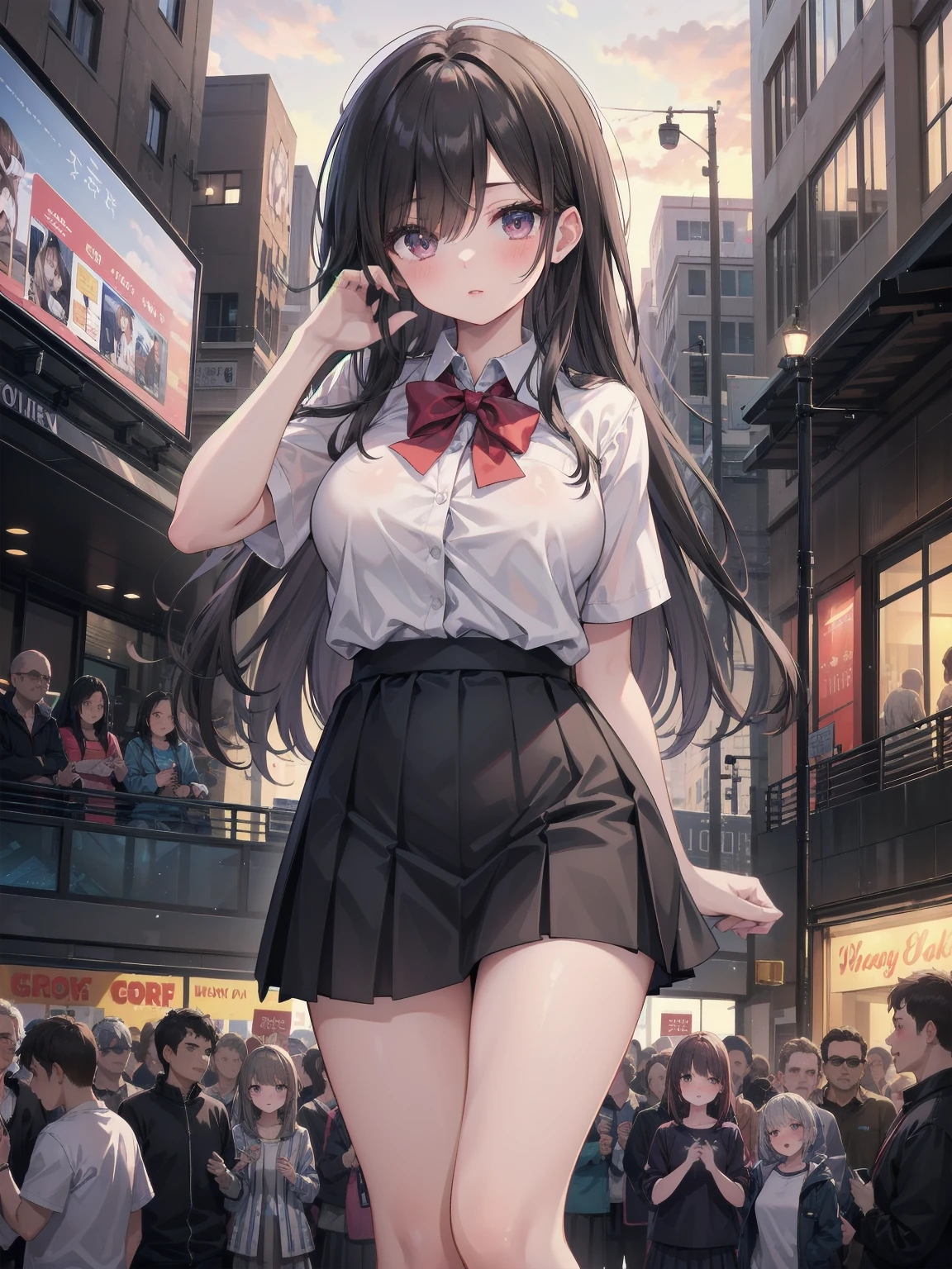 Highly detailed CG Unity 8k wallpaper, best quality, highly detailed, masterpiece, Highly detailed cute girl, 18 years old, (((lifting skirt by herself))), (lifting by herself), dynamic angles, sexy pose, blush, lips apart, looking at the audience , half body shot, (crowd), (crowded big city)), hair over one eye, immaculate beauty, upscale, less revealing clothing