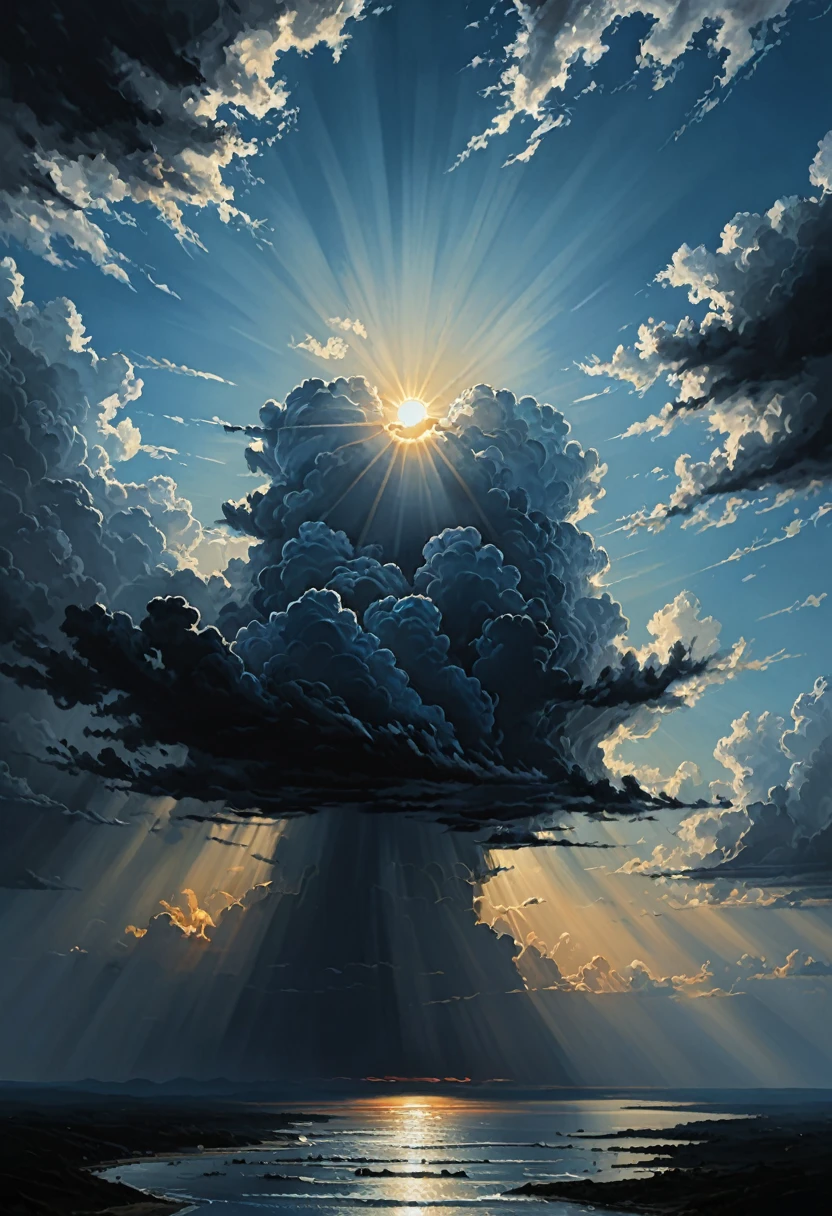 sky in gradient from dark to light blue, (sun above shining), (black and threatening clouds below), (realistic), (digital painting), (high resolution), (ultra-detailed), (masterpiece quality),日の出