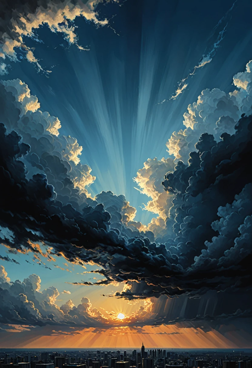 sky in gradient from dark to light blue, (sun above shining), (black and threatening clouds below), (realistic), (digital painting), (high resolution), (ultra-detailed), (masterpiece quality),日の出