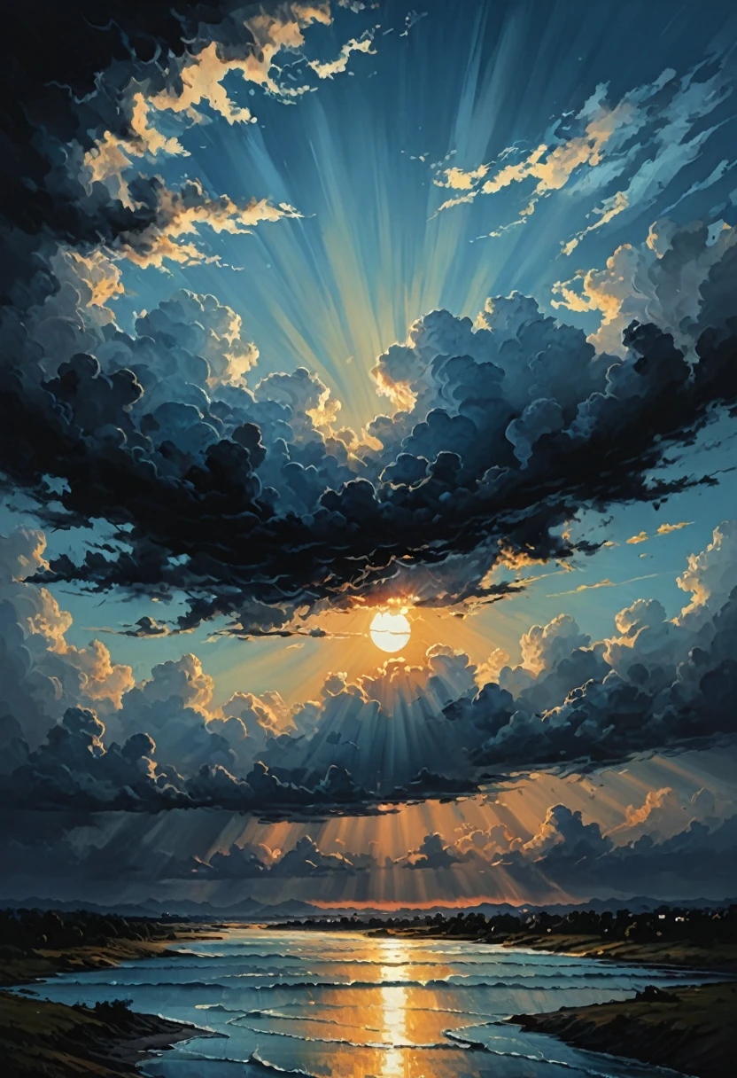 sky in gradient from dark to light blue, (sun above shining), (black and threatening clouds below), (realistic), (digital painting), (high resolution), (ultra-detailed), (masterpiece quality),日の出