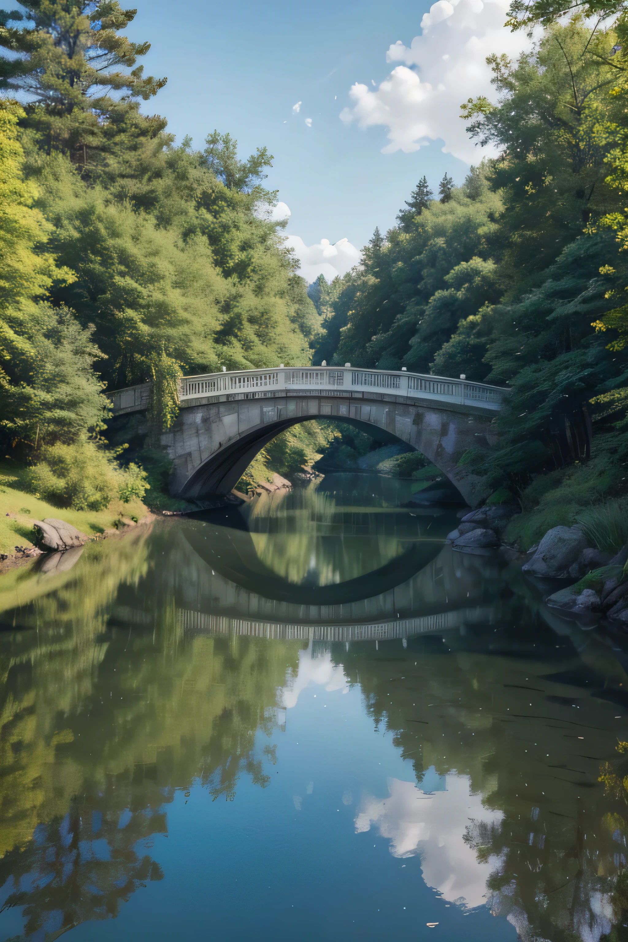 Create a high-definition image of a stunning bridge that extends from a vibrant modern city to a serene forest. The bridge should be architecturally sophisticated, with elegant arches and refined metallic details that shine under the gentle sunlight. The city to the left of the bridge is a metropolis with tall skyscrapers and twinkling lights, contrasting with the tranquility of the natural scenery to the right.
Below the bridge, a calm and crystal-clear sea reflects the sunlight and the colors of the surrounding landscape, creating a mirror effect that adds depth to the scene. The forest to the right is dense and lush, with tall green trees, some of them touching the water. The sky is clear, with scattered clouds that add a touch of serenity to the environment.
The image should convey a sense of peace and tranquility, with a palette of soft and natural colors that highlight the beauty of both the city and nature, while the design of the bridge serves as an elegant point of connection between these two worlds.