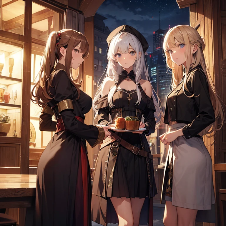 A group of female medieval fantasy adventurers, (in tavern), various hair styles, harem, night, details face, short skirt, seducing, sleeveless, armor, multiple girls, witch, priestess