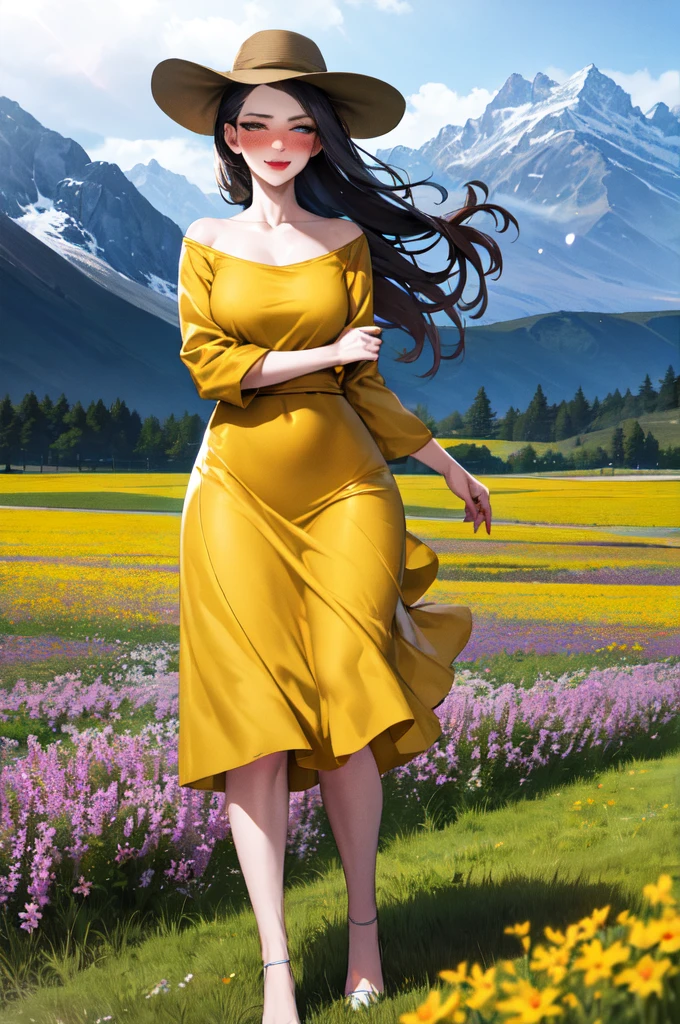 (masterpiece:1),(best_quality:1),4K,photography,8K,HDR,highres,(absurdres:1.2),woman,smug,long hair,blush,lipstick,dress,tall female,outdoors,landscape,hat,yellow dress,light particles,wind,flower field,mountain,light smile,looking at viewer,mature female,