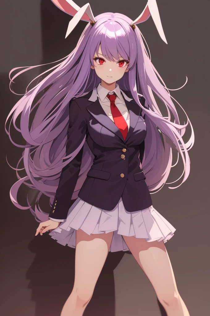 masterpiece, top quality, super detailed, CG illustration, high resolution, better lighting, best shadows, very delicate and beautiful, proper shading, hd, 8k,reisen udongein inaba, 1girl, solo, long hair, skirt, red eyes, jacket, purple hair, necktie, blazer, red necktie