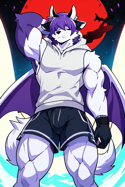 Male Alaskan Malamute Dog Purple and White Fur, With horns, demon wings , hair covering her eyes, White cap, muscular, white sleeveless hooded sweater, shorts negros 