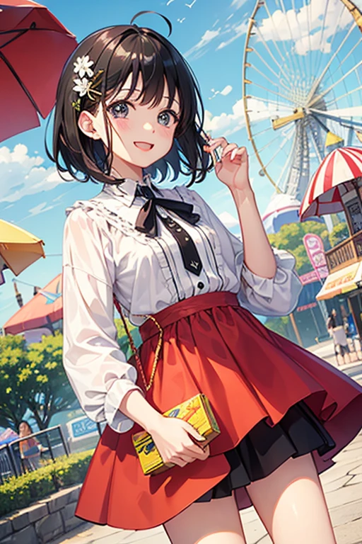 Highest quality、Black Hair、Iris、short hair、、cute、、、Small hair ornament、1 person、amusement park、Date、one piece、A happy look、fine、bright