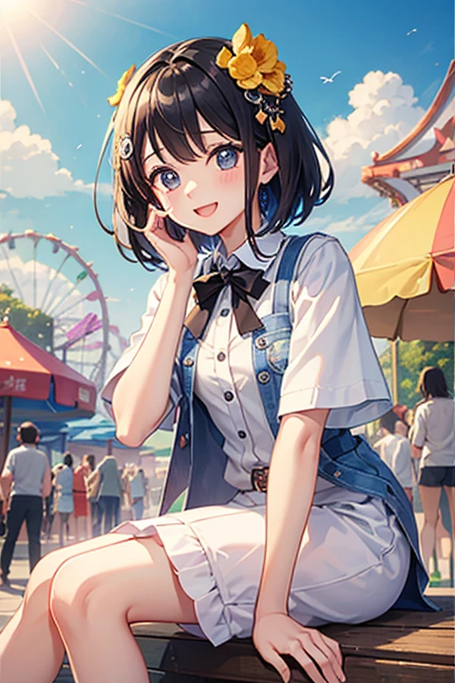 Highest quality、Black Hair、Iris、short hair、、cute、、、Small hair ornament、1 person、amusement park、Date、one piece、A happy look、fine、bright