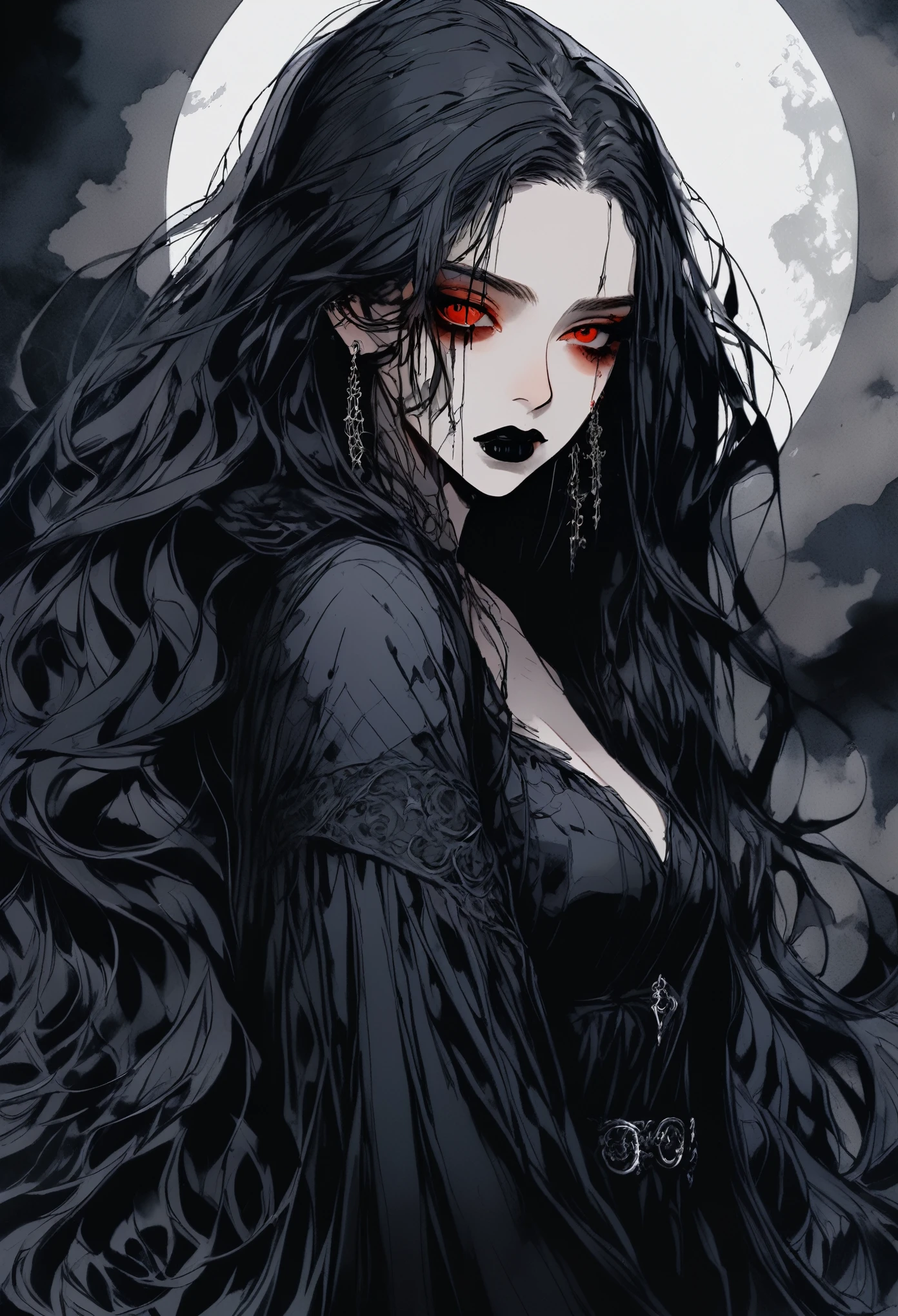 (Highest quality,4K,8K,High resolution,masterpiece:1.2),Super detailed,(Realistic,photoRealistic,photo-Realistic:1.37),Dark and mysterious,Detailed black clothing,Gothic Makeup,Black lipstick,Pale skin,Smokey Eye,Long black hair,Sharp Fangs,Red eyes,Vampire-like appearance,Expressive and sharp gaze,Earrings and ear piercings,Standing in a moonlit garden surrounded by roses,Spooky and eerie atmosphere,Cast long shadows,The faint moonlight illuminates her face,Creates a dramatic and striking effect.Hair fluttering in the wind
