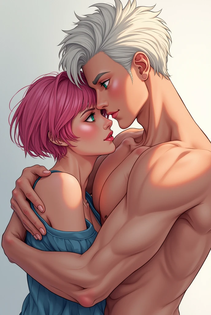 Drawing of a man hugging a woman from behind, emotional image, concept art of love, fan art, inspired by gege akutami, Colored by gege akutami, The girl has short pink hair and green eyes, The boy has white hair and blue eyes, clear skin,high, muscular.