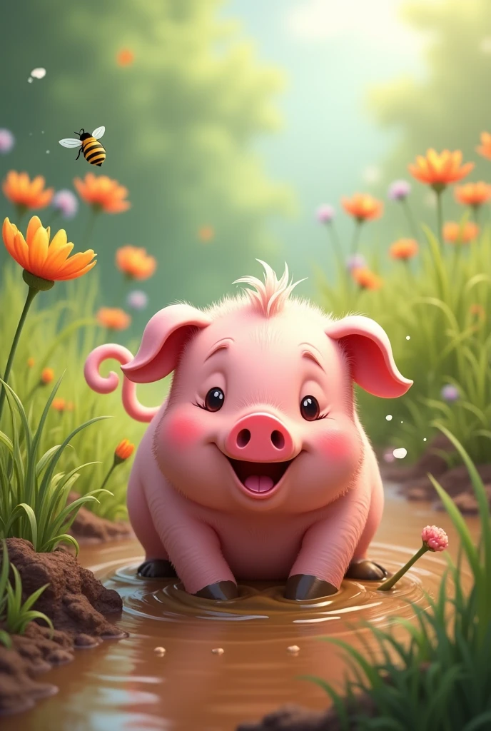 A pig playing with a bee in the mud