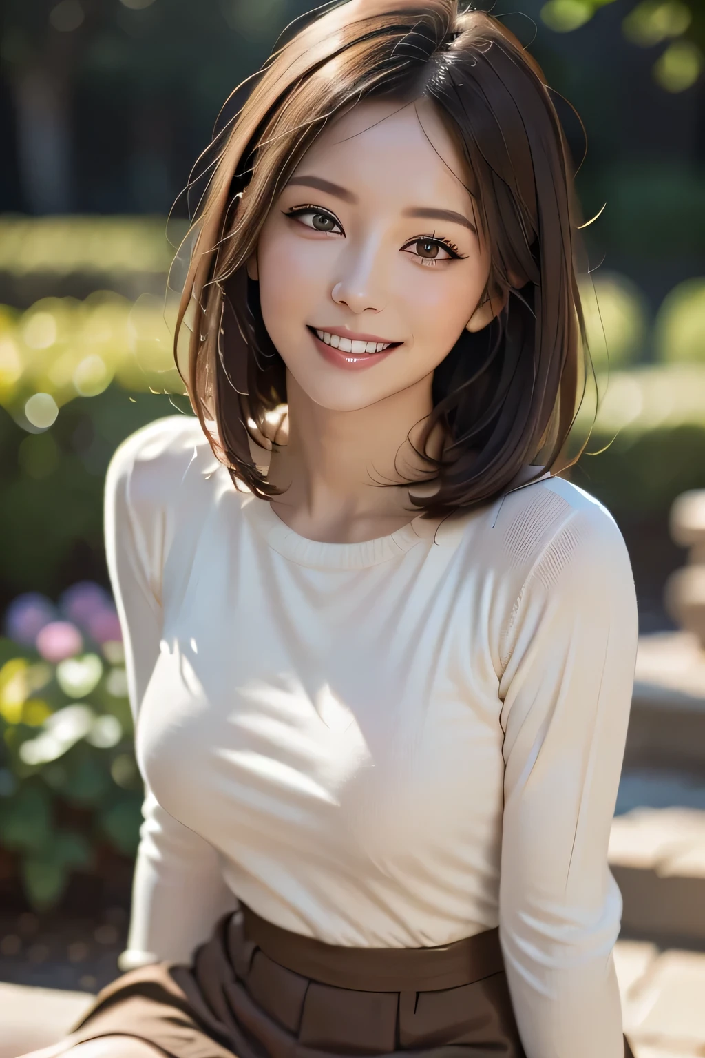 (8k, RAW Photos, Highest quality, masterpiece, Realistic, Realistic), (1 female), (Ultimate beauty), Highly detailed face, Detailed eyes, double eyelid, eyelash, smile, (Perfect Teeth), Lip details, Brunette Bob, Big Breasts, (Summer Sweaters), ((Brown tight mini skirt)), Cowboy Shot, background: garden, Soft Light, ((Written boundary depth)) 