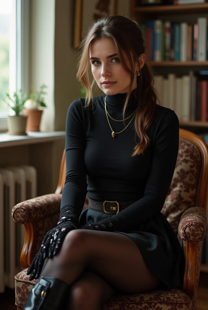 brown hair color、hair pulled back、ponytail、cute face、 she wears a turtleneck and a skirt.、black pantyhose、sitting on a chair、crossed legs、Wearing black lace gloves、wearing boots、adult german woman、full body portrait、indoor.、