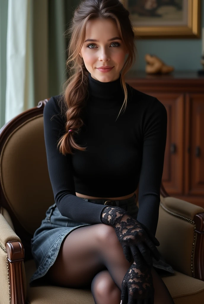 brown hair color、hair pulled back、ponytail、cute face、 she wears a turtleneck and a skirt.、black pantyhose、sitting on a chair、crossed legs、Wearing black lace gloves、wearing boots、adult german woman、full body portrait、indoor.、