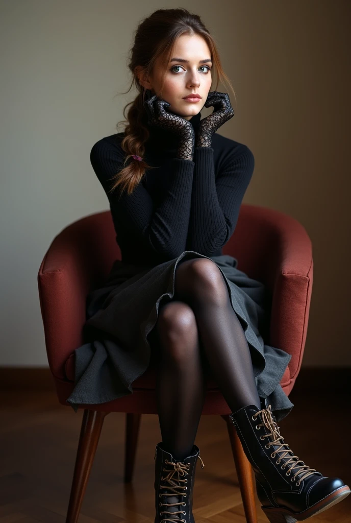 brown hair color、hair pulled back、ponytail、cute face、 she wears a turtleneck and a skirt.、black pantyhose、sitting on a chair、crossed legs、Wearing black lace gloves、wearing  boots、adult german woman、full body portrait、indoor.、
