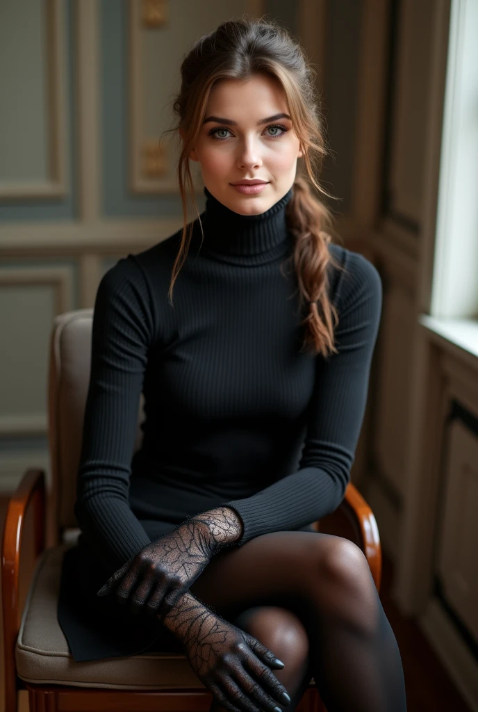 brown hair color、hair pulled back、ponytail、cute face、 she wears a turtleneck and a skirt.、black pantyhose、sitting on a chair、crossed legs、Wearing black lace gloves、wearing  boots、adult german woman、full body portrait、indoor.、
