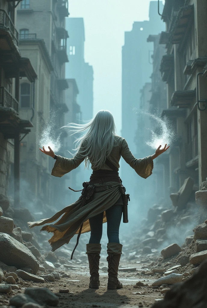 a one woman, silver hair, standing backwards, summoning creatures , adventurer outfit, Post-apocalyptic world, destroyed city
