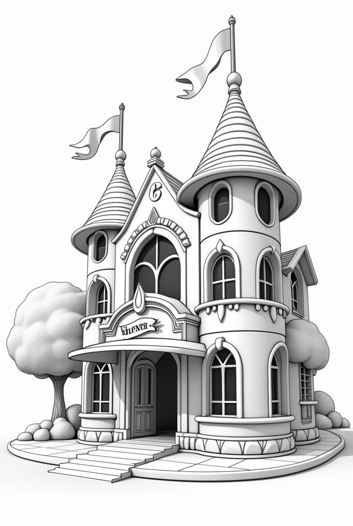 Black and white 3D drawing of a theater for children to color