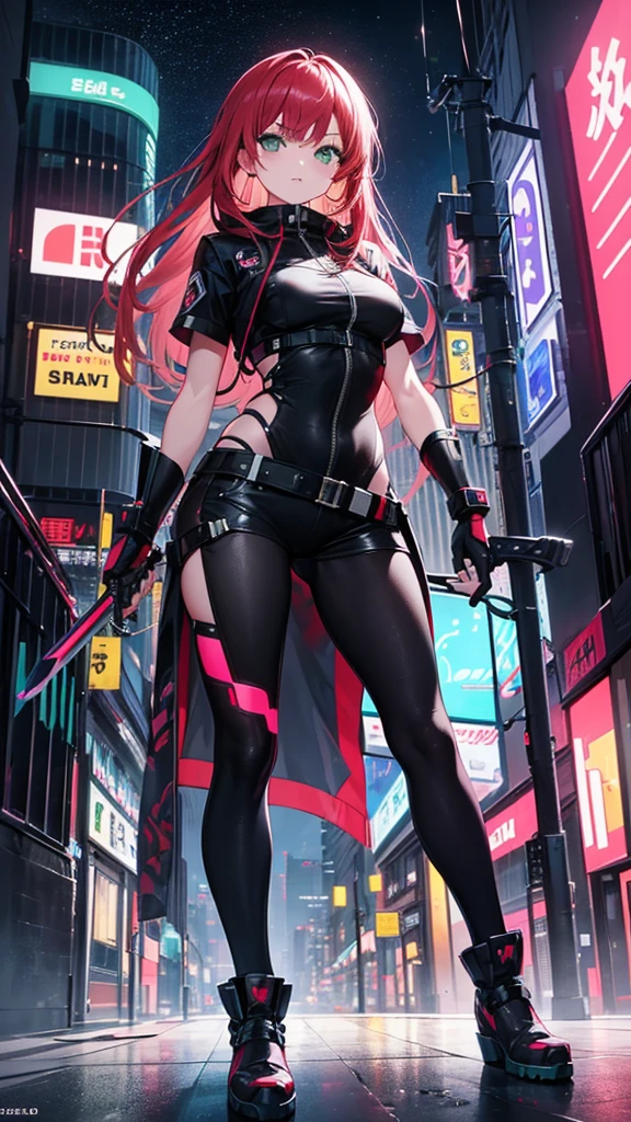 an anime, of a sensual red-haired girl, green eyes, dressed as a cyberpunk mercenary, urban style, she wields a sword in one hand and a pistol in the other, in the background a futuristic city dazzles with its neon lights.