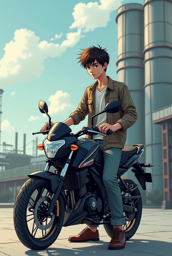 20 year old boy, Scrawny, 1,80 metro de altura, with his black cb300cc motorcycle, and a cell phone in hand, in front of the paper and pulp company