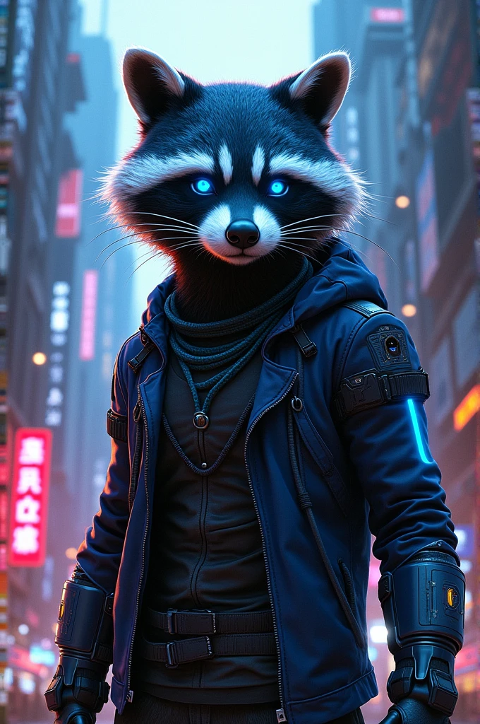 Cyberpunk raccoon in blue and black