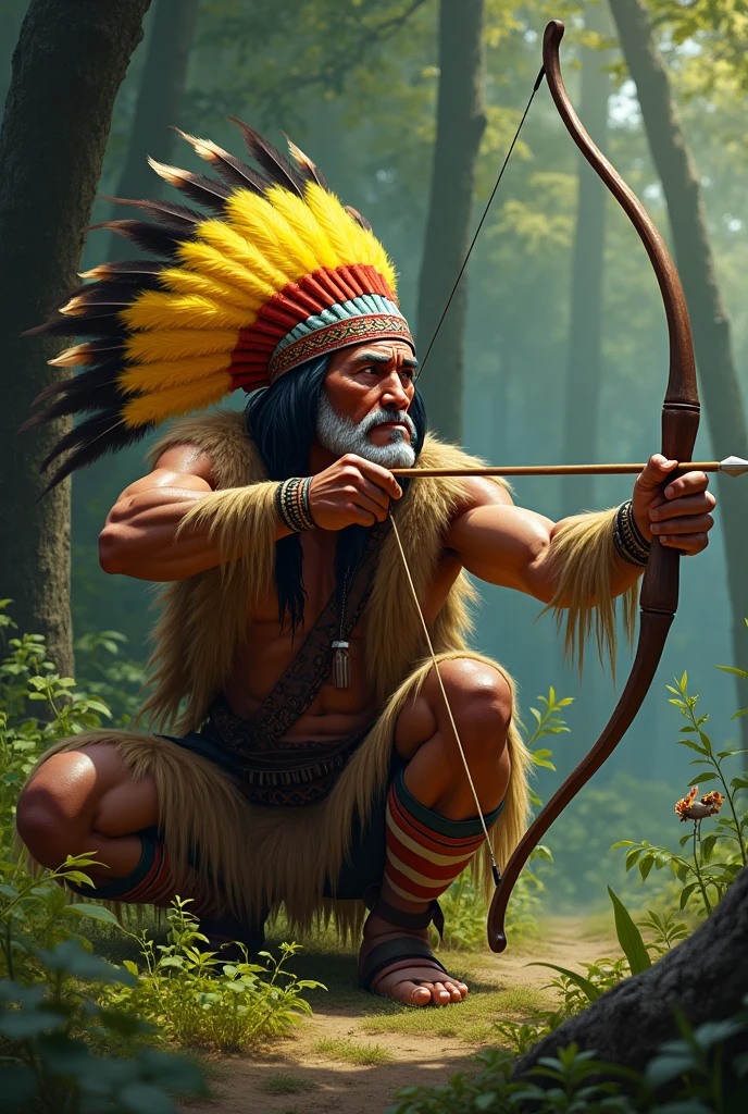 an Indian around 45 years old, with a headdress of yellow feathers, with a bow and arrow in hand preparing to hunt, this Indian is in a forest , The Indian is also crouched down, as if he were aiming at some little bird

 