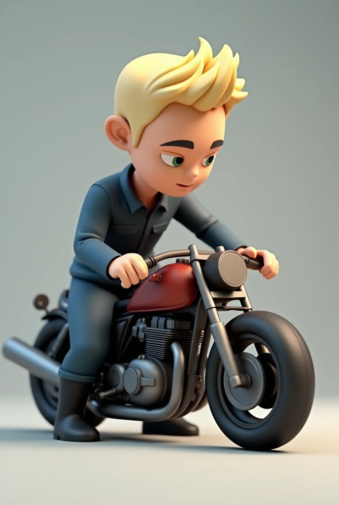 Create a low poly 3d mascot fixing a motorcycle , I want a male character with short blonde hair, wearing a dark blue uniform without any logos or details, and black boots.  Full HD image please. , 
