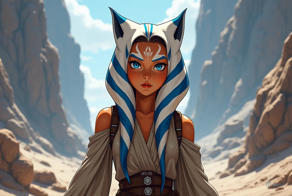 Ahsoka Tano, anime togruta girl, Star Wars, Togruta specime, in a secret organization outfit, her eyes are serene, she is coming out of a battle, beautiful eyes, blue eyes