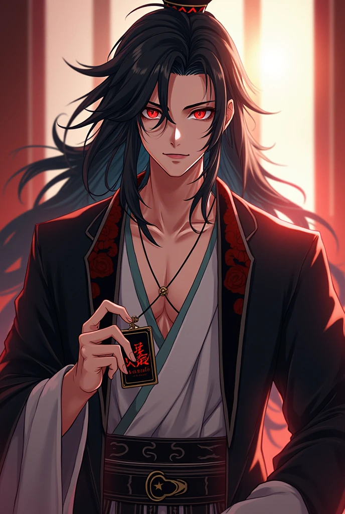 A male character, about 26 years old, with long black hair that reaches his waist, Ancient elegant clothing, Smiling widely. He should be really attractive and very masculine with red eyes and have an ID that says "Eternal laughs". anime style