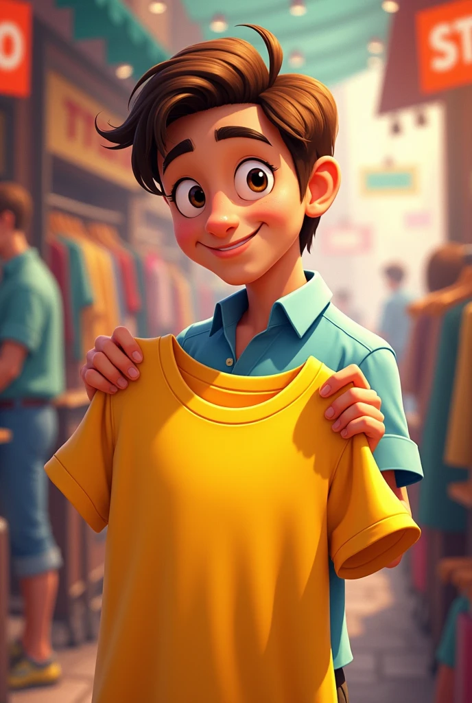 Disney-style guy, brown hair and light blue shirt buying yellow shirt 