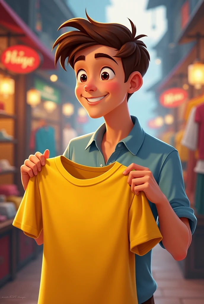 Disney-style guy, brown hair and light blue shirt buying yellow shirt