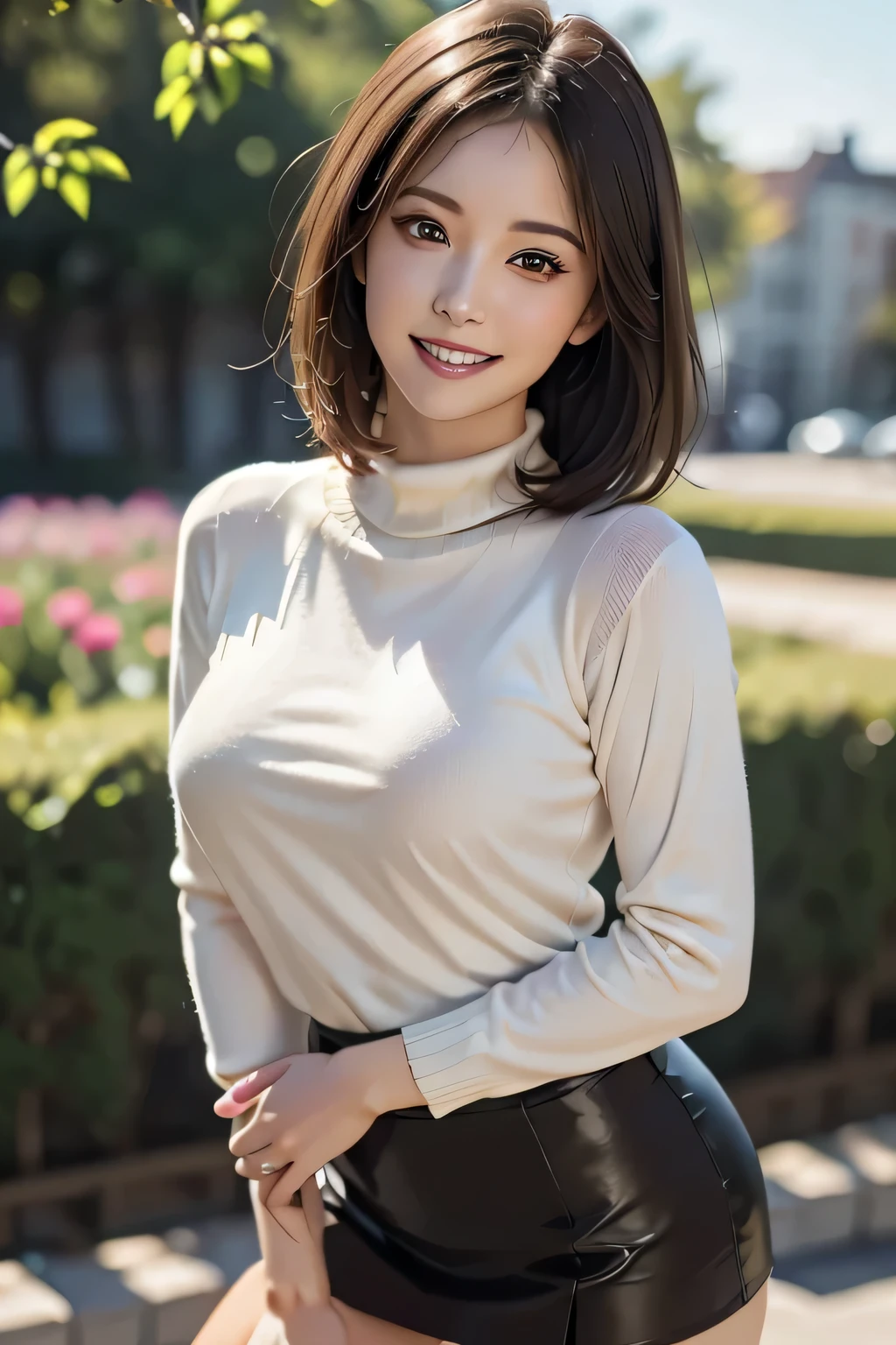 (8k, RAW Photos, Highest quality, masterpiece, Realistic, Realistic), (1 female), (Ultimate beauty), Highly detailed face, Detailed eyes, double eyelid, eyelash, smile, (Perfect Teeth), Lip details, Brunette Bob, Big Breasts, (Summer Sweaters), ((Brown tight mini skirt)), Cowboy Shot, background: garden, Soft Light, ((Written boundary depth))