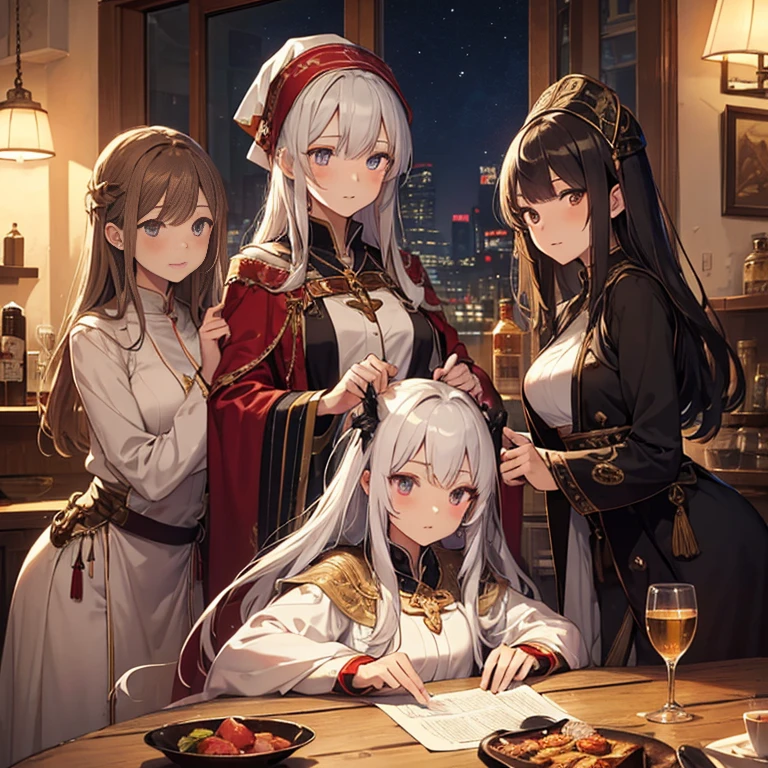 A group of priestess, (in tavern), various hair styles, harem, night, details face, seducing, ceremonial outfit, multiple girls