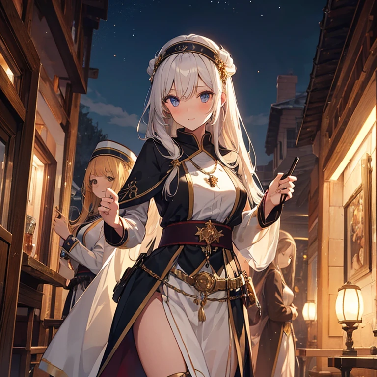 A group of priestess, (in tavern), various hair styles, harem, night, details face, seducing, ceremonial outfit, multiple girls