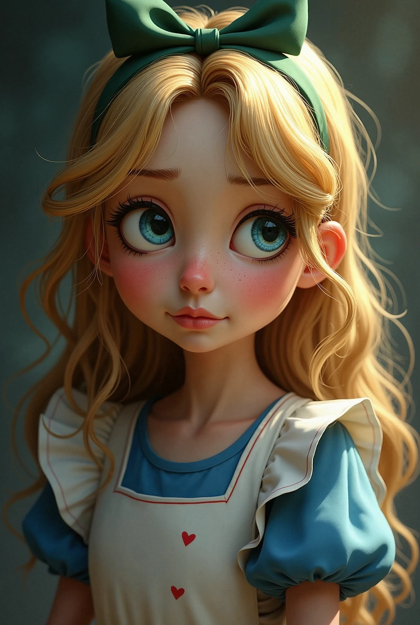 Draw a full-body portrait of Alice and the Queen of Hearts from Alice in Wonderland to capture a moment of deep contemplation. Her expression should be a mixture of curiosity and a hint of unease, as if she is deeply questioning reality and her place in it. Her large eyes should be wide open, reflecting the surreal world around her. Smiling Cheshire|cat, clock, Queen of Hearts, caterpillar, white rabbit, playing cards, within the kingdom of Wonderland, etc. Lighting should be soft yet dramatic, casting gentle shadows that emphasise the depth of her thoughts. Her hair is slightly dishevelled, as if she has been on a long journey, and the iconic green headband is slightly slanted, adding to her pensive feel. The colour palette is a mix of soft pastels and dark, introspective tones, creating a balance between innocence and the complexity of her thoughts.
Translated with DeepL.com (free version)
