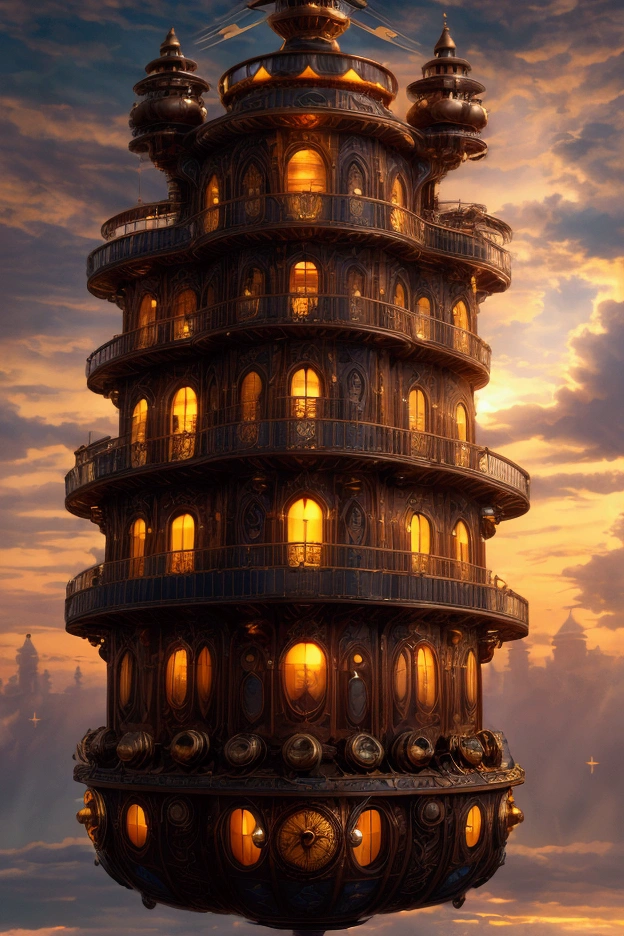 "Celestial Steampunk Palace": A floating palace in the skies, Designed in a steampunk style with visible gears, copper tubes, and tinted glass windows. The palace is surrounded by clouds illuminated by a reddened sun, and flag-adorned airships flutter around. The horizon blends between the warm colors of a sunset and the brightness of emerging stars.