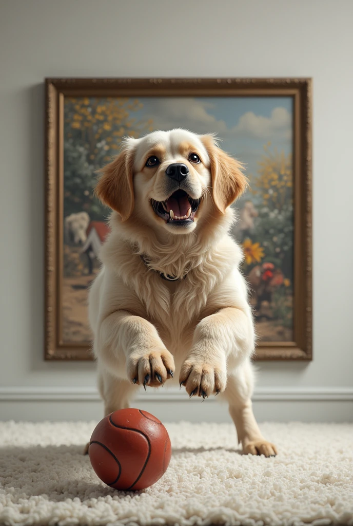 Aa dog playing boll, Hyperrealism, optical illusion, framed, masterpiece