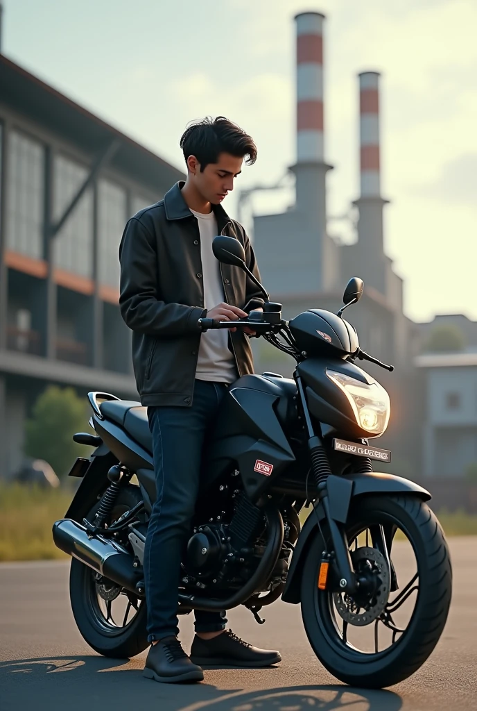 20 year old boy, Scrawny, 1,80 metro de altura, with your black cb300 2024 motorcycle, and a cell phone in hand, in front of the paper and pulp company, kraft paper