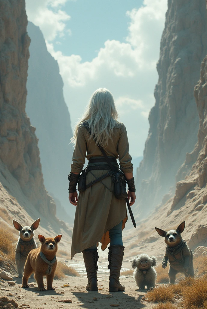 a one woman, silver hair, standing backwards, summoning creatures  , adventurer outfit, Post-apocalyptic world, little creatures 