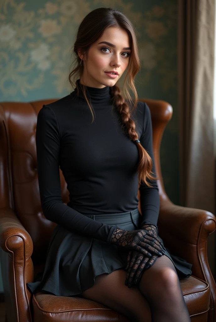 brown hair color、hair pulled back、ponytail、cute face、 she wears a turtleneck and a skirt.、black pantyhose、sitting on a chair、crossed legs、Wearing black lace gloves、wearing boots、adult german woman、full body portrait、indoor.、