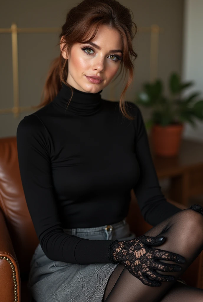 brown hair color、hair pulled back、ponytail、cute face、 she wears a turtleneck and a skirt.、black pantyhose、sitting on a chair、crossed legs、Wearing black lace gloves、wearing boots、adult german woman、full body portrait、indoor.、