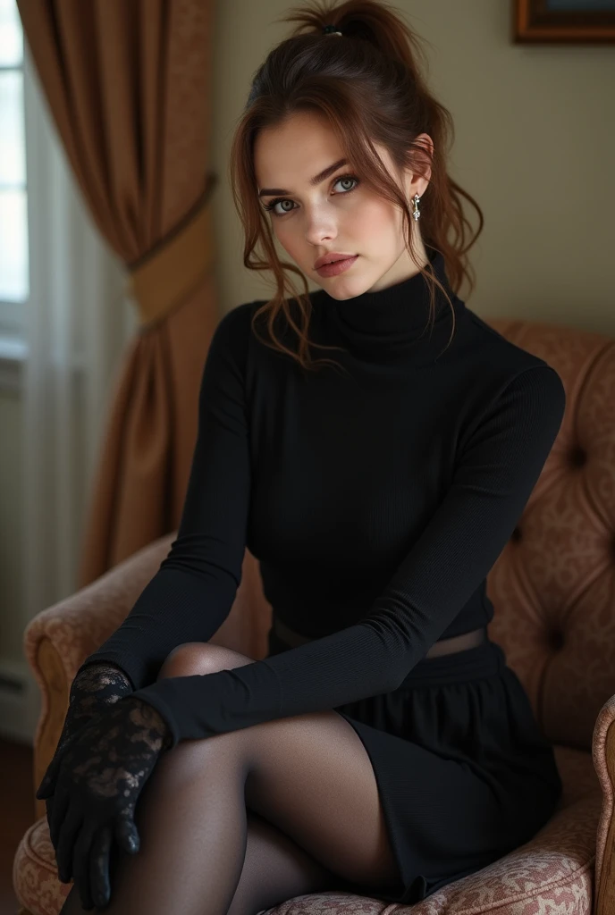 brown hair color、hair pulled back、ponytail、cute face、 she wears a turtleneck and a skirt.、black pantyhose、sitting on a chair、crossed legs、Wearing black lace gloves、wearing boots、adult german woman、full body portrait、indoor.、