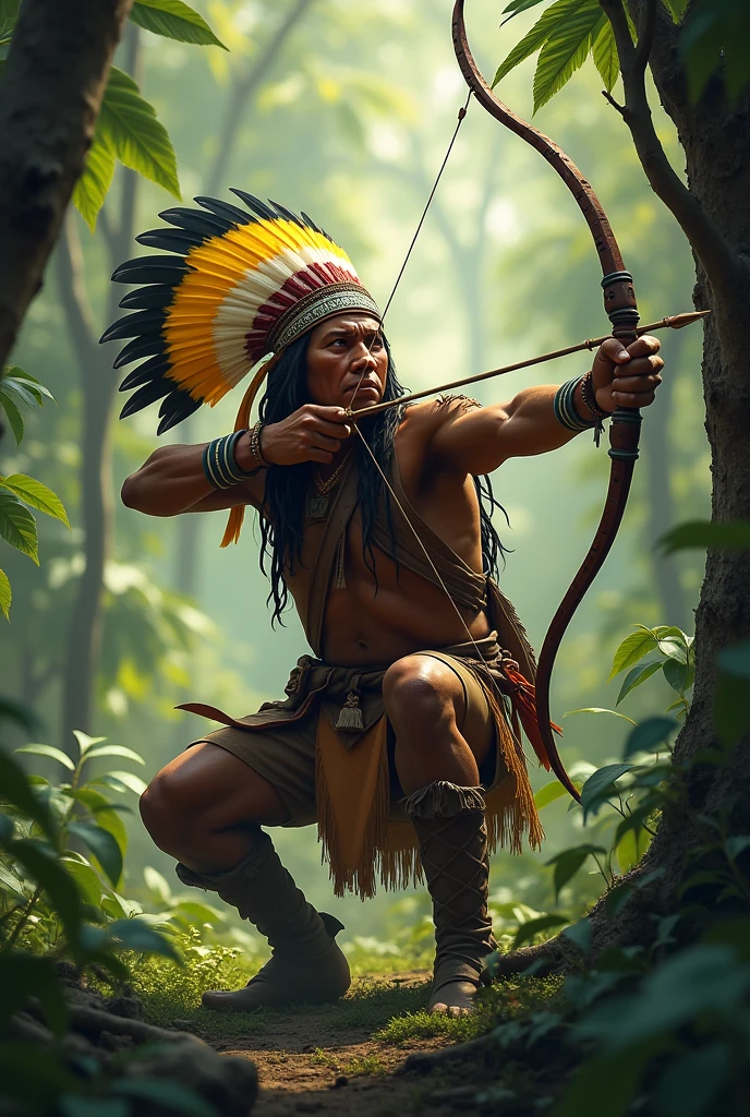 an Indian around 45 years old, with a headdress of yellow feathers, with a bow and arrow in hand preparing to hunt, this Indian is in a forest , The Indian is also crouched down, as if he were aiming at some little bird